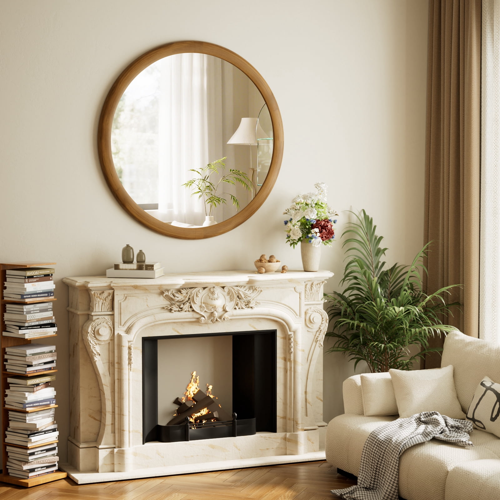 Easy4Home 24" x 24" Round Bathroom Mirror Wall Decor with Wooden Frame, Natural Wood