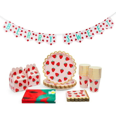 Serves 24 Strawberry Party Decorations - Berry Sweet One Birthday Party Supplies with Favor Boxes, Plates, Napkins, Cups, Tablecloths, and Banner (87 Pieces)