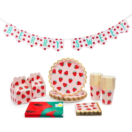 Sparkle and Bash Strawberry Tablecloth & Birthday Party Decorations Set - 87-Piece Pink Daisy-Print Plates, Cups, Napkins & Favor Boxes - Banner & Party Supplies