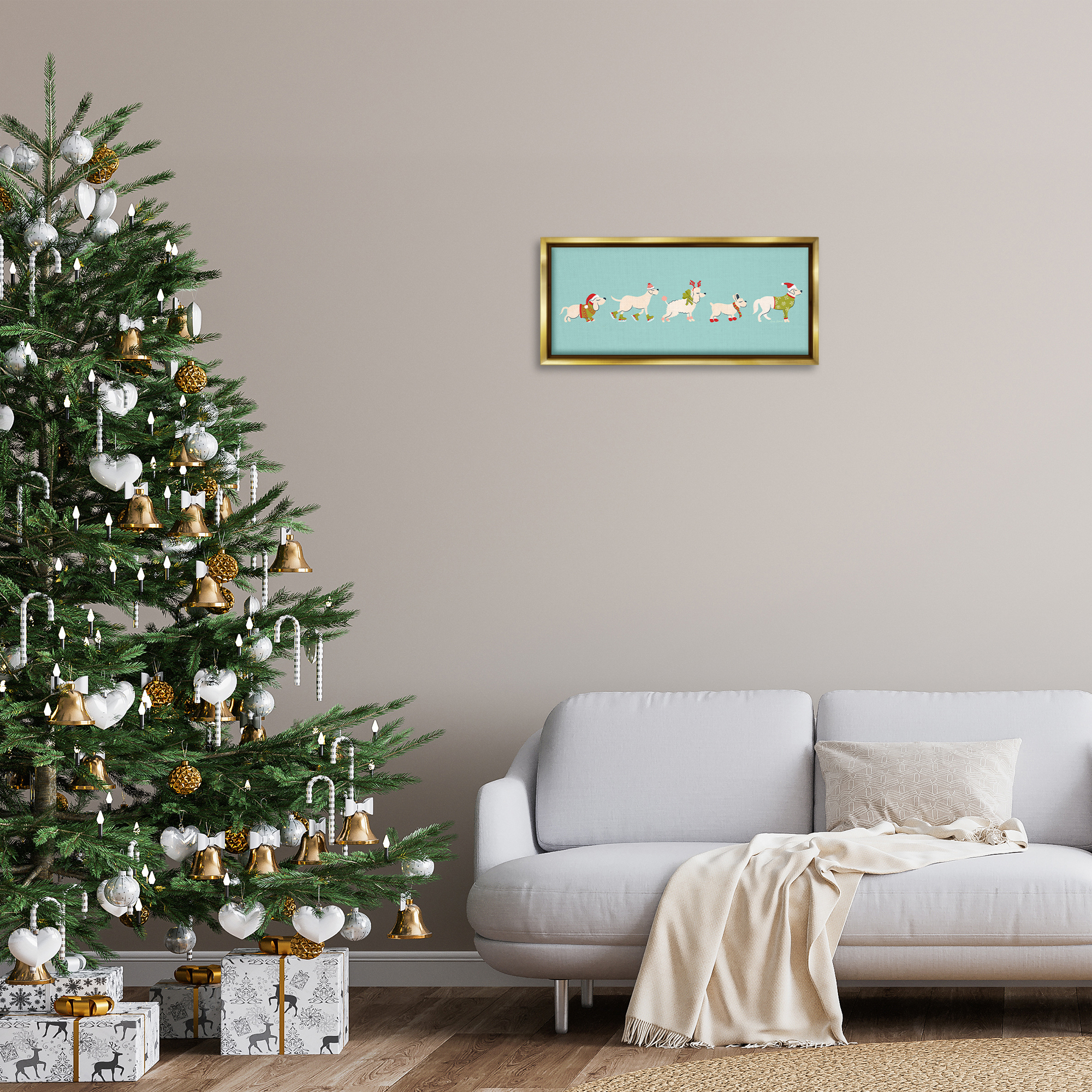 Stupell Industries Festive Dog Breeds Holiday Painting Gold Floater Framed Canvas Art Prints Wall Art, 25 x 11
