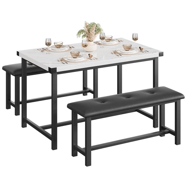 3-Piece Dining Table Set for 4 – Industrial Rectangular Table with 2 Upholstered Benches, Sturdy Metal Frame, Space-Saving for Apartments, Condos, Studios – Multiple Color Options Available