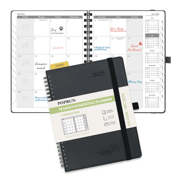 POPRUN Monthly Planner 2024-2025 Spiral Bound (6.5'' x 8.5'') 18 Months Calendar (Jul 2024 - Dec 2025) - 4 Pages per Month with Monthly Expense & Notes, Sunday Start, Leather Cover - Black