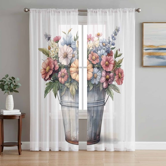 Spring Floral Sheer Curtains 63 Inch Length 2 Panels Set, Summer Garden Flora Illustrations Voile Window Treatment Rod Pocket Curtains Sheers Drapes for Bedroom/Living Room/Kitchen 52x"63"x2