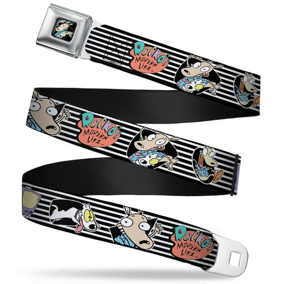 Nickelodeon Belt, Seatbelt Buckle Belt, Rockos Modern Life Rocko Spunky Pose TV Stripe Black White, Youth 22 to 32 Inches