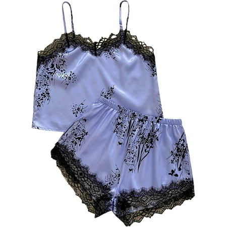 

ZWQIANWEXFED Women s Floral Print Lace Trim Cami Top and Shorts Pajama Set Sleepwear
