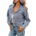 thumbnail image 3 of QATAINLAV Women's Jean Jacket with Pearls Casual Studded Long Sleeve Western Distressed Denim Cropped Coat with Pockets Blue S, 3 of 9