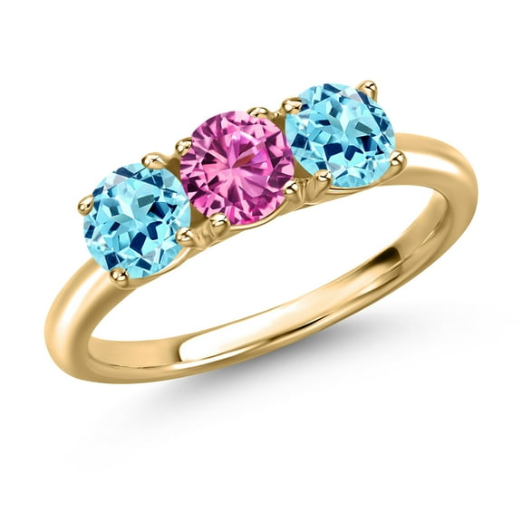 Gem Stone King 10K Yellow Gold Pink Created Sapphire and Blue Apatite Engagement Ring for Women | 1.54 Cttw | Round 5MM | Gemstone September Birthstone | Size 9