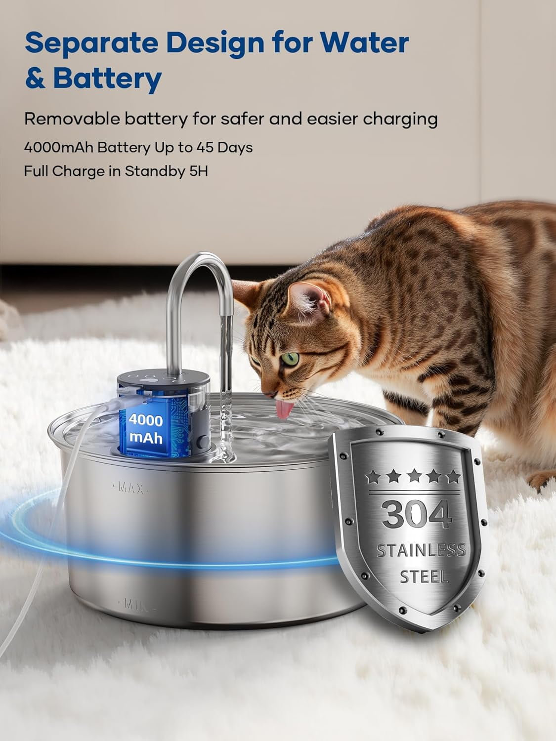 AGEETXT Wireless Cat Water Fountain with Motion Sensor, 108oz/3.2L Stainless Steel Automatic Pet Dispenser for Cats and Small Dogs, Rechargeable & Quiet