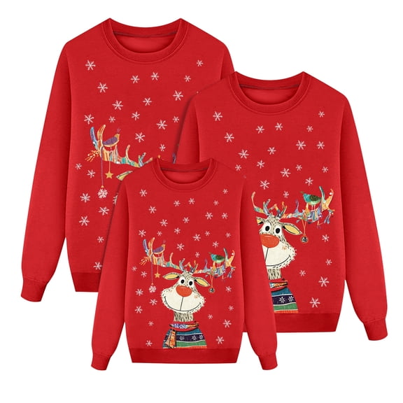 Fiaer Christmas Sweatshirts for Family Plus Size Crew Neck Xmas Pullover Long Sleeve Baggy Trendy Reindeer Printed Holiday Tops Kid 6Y