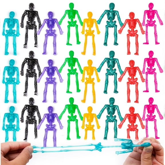 ArtCreativity Halloween Stretchy Skeleton Toys – 48-Pack, Stretch 7× Size in 10 Vibrant Colors, Party Favors & Goodie Bags