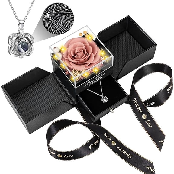 mlp002  Card Pink Real Rose with Heart I Love You Necklace -Eternal Flowers Rose Birthday Gifts for Women Her Mom Wife Girlfriend Grandma on Valentines Mothers Day Christmas Anniversary-Card Pink