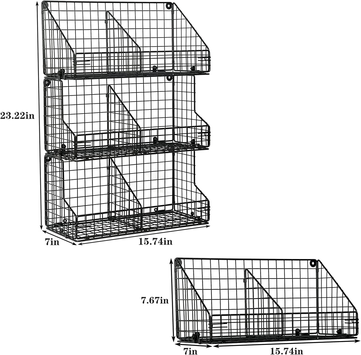 3 Tier Stackable Snack Organizer with Dividers - Wall Mounted Wire Storage Basket for Pantry Office Home