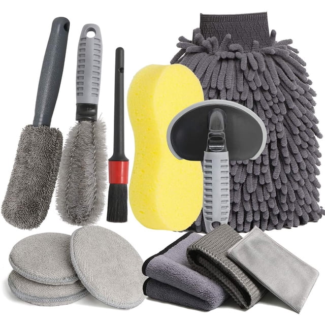 12PCS Car Cleaning Kit, Professional Microfiber Car Wash Clean Kit, Wheel and Rim Brush, Cleaning Cloths Wash Gloves, Sponge