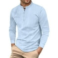 thumbnail image 2 of LZHGirlshop Men Cotton and Linen Henley Shirt Casual Stand Collar Long Sleeve Shirt Retro Solid Color Fit T-Shirt,Blue,XL, 2 of 6