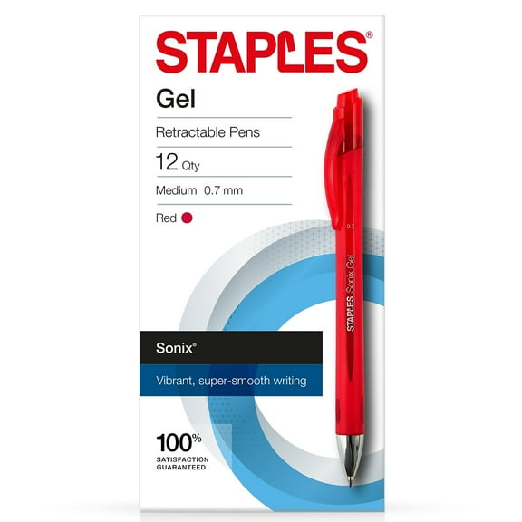 Staples Sonix Retractable Gel-Ink Pens Medium Point Red Dozen (13562-CC) 651255