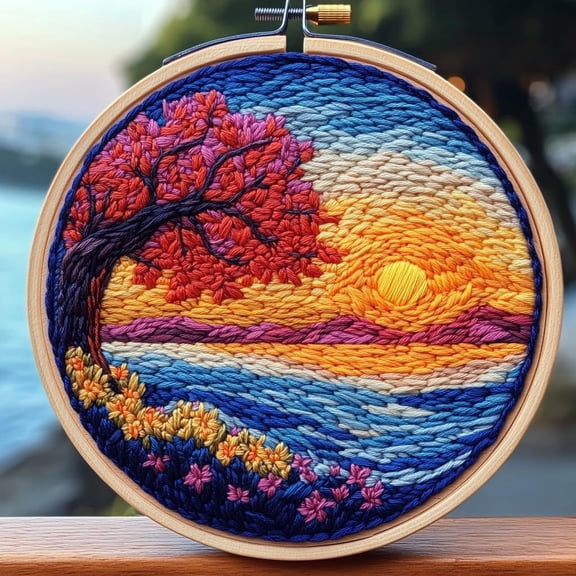 DIY Punch Needle Kits for Beginners Seaside Sunset and Tree Scenery with Hoop Punch Needle Starter Craft Embroidery Set Easy for Adults and Children Festival Gift and Decoration 20x20cm-3