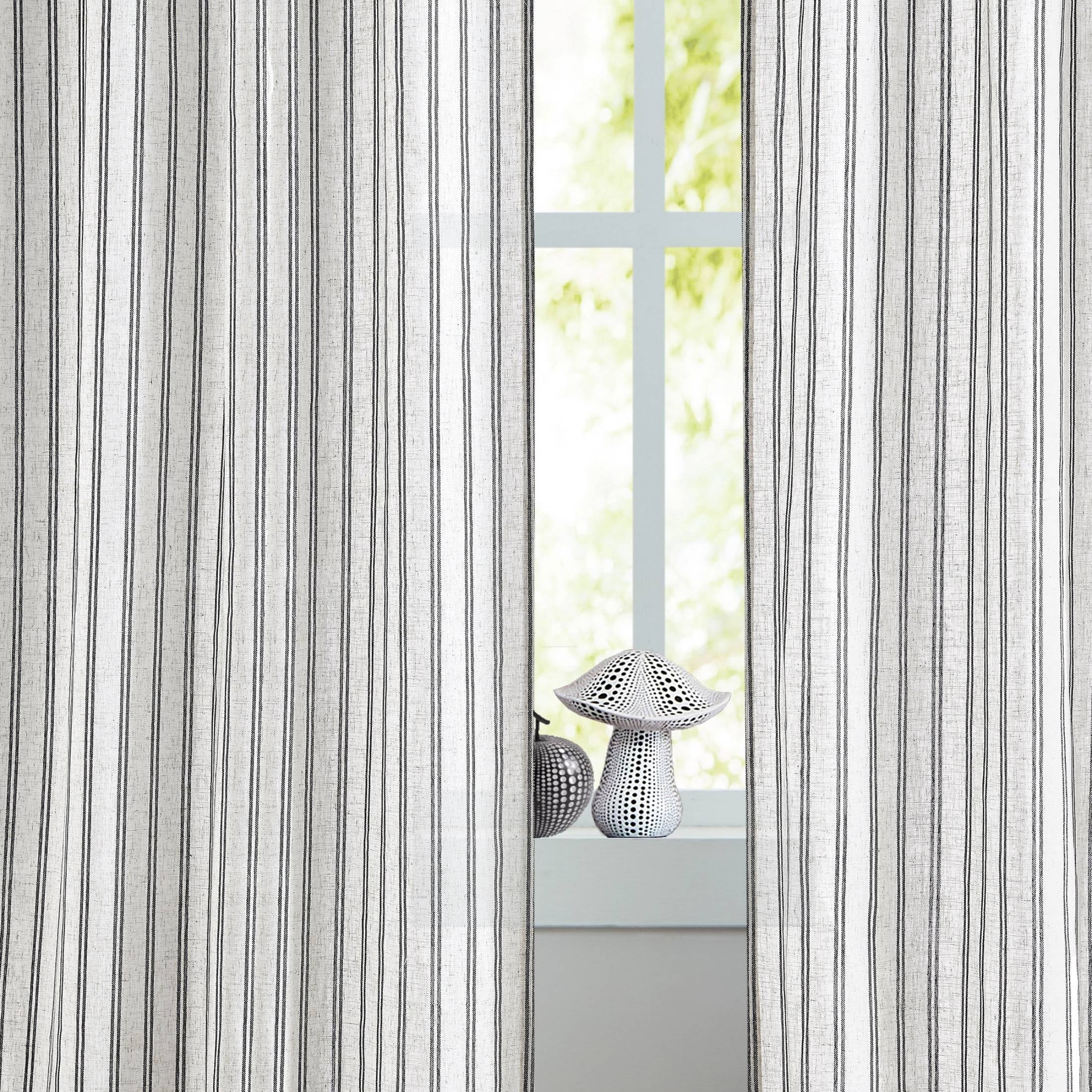 AZZCIA Black Striped Linen Semi Sheer Grommet Curtain Panels, 2 Panels, 40"W x 95"L
