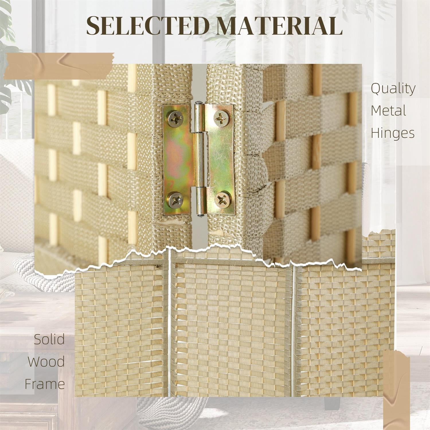 Demi Bonn 4 Panel Folding Room Divider Screen, 5.6' Tall Privacy Screen, Home Office Partition, Space Saving Design, Easy to Assemble, Beige