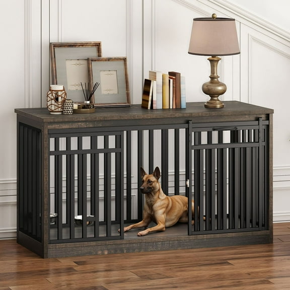 Dextrus Dog Crate Furniture with Sliding Door, 55 in Wooden Indoor Dog Cage Table with Dog Bowl,Black Oak