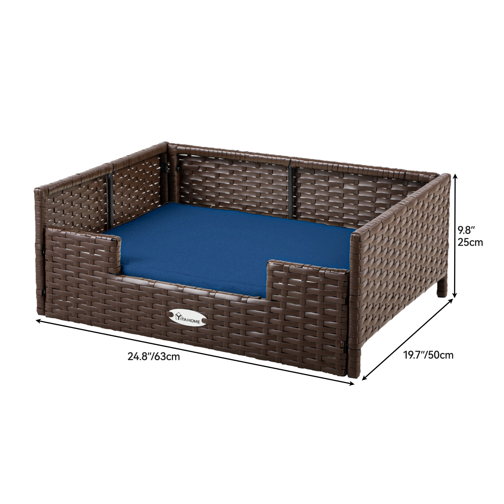 Dextrus Rattan Dog Bed with Blue Cushion, Indoor Outdoor Pet Bed for Small Medium Dogs and Cats,24.8''L*19.7''W*9.8''H,Brown