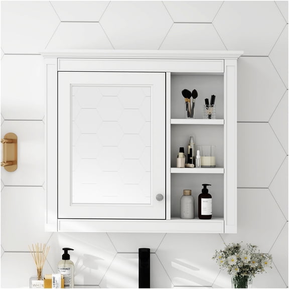 JERFIT 30x28 Inch Modern White Bathroom Medicine Cabinet with Mirror, Wall Mounted Storage with Adjustable Shelves, Soft-Close Door