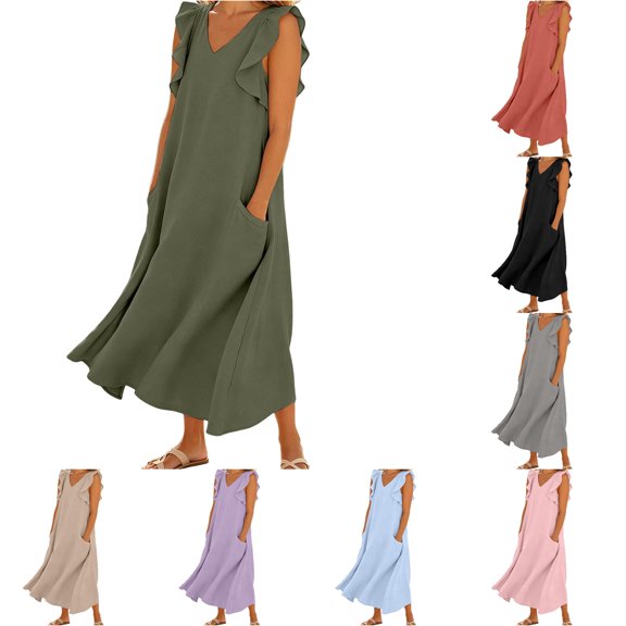 ZHOGXU Women's Dresses Summer Flying Sleeve V Neck Solid Color Comfortable Flowy Swing Dress With Pockets For Casual Daily Wear,Green,Xxl