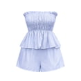 thumbnail image 4 of Women's 2 Piece Vacation Outfits Solid Color Striped Ruffle Hem Tube Top and Shorts Set Summer Sky Blue M(M), 4 of 6