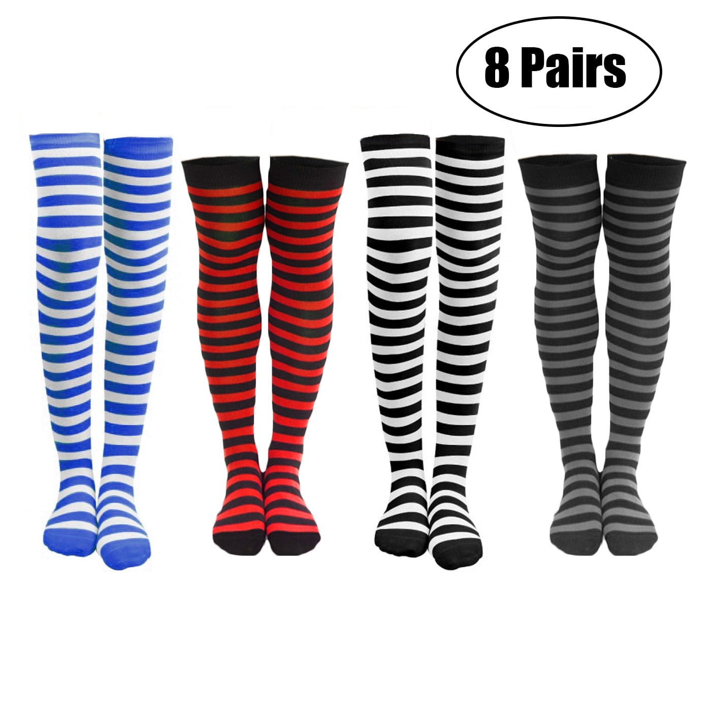 4 or 8 Pairs of Women's Striped Black White Blue Red Knee Cotton High
