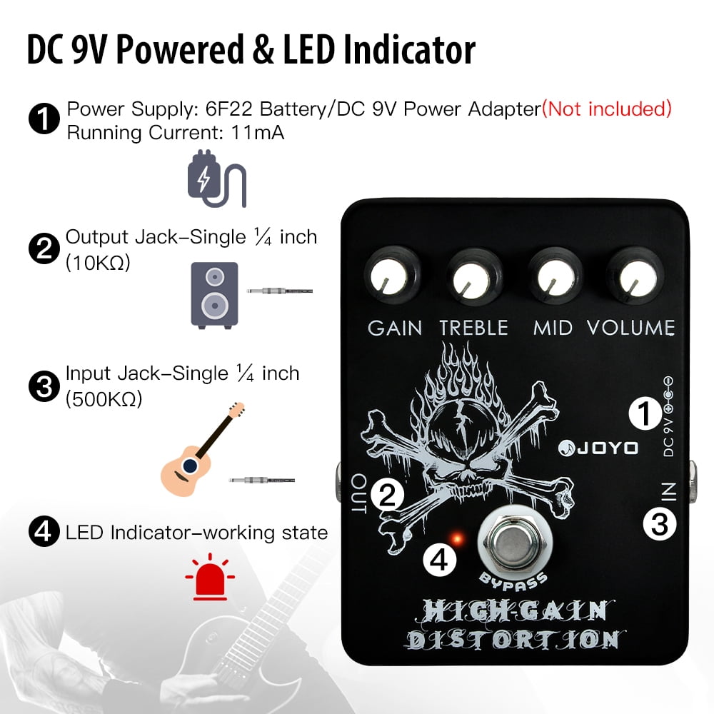 JOYO Versatile Distortion Effect Pedal, High Gain Tone from Blues Rock to Thrash Metal, Compact Design for Home Practice