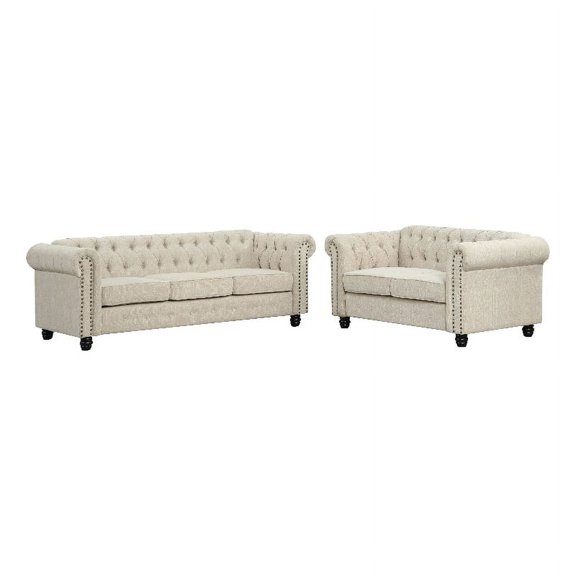 RN Furnishings 2 Piece Chesterfield Button Tufted Linen fabric Sofa Set-Beige