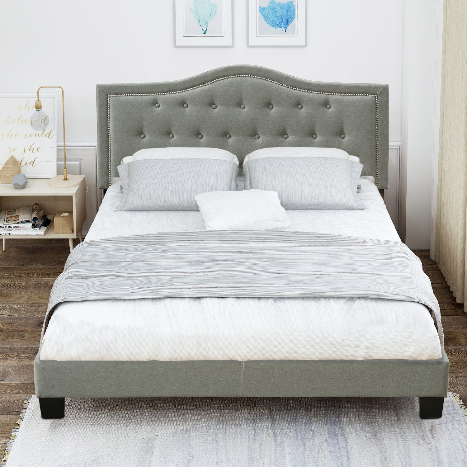 Clearance!Queen Platform Bed Frame with Headboard, Modern Upholstered
