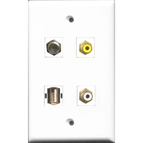 RiteAV 1 Port RCA White and 1 Port RCA Yellow and 1 Port Coax Cable TV- F-Type and 1 Port USB A-A Wall Plate