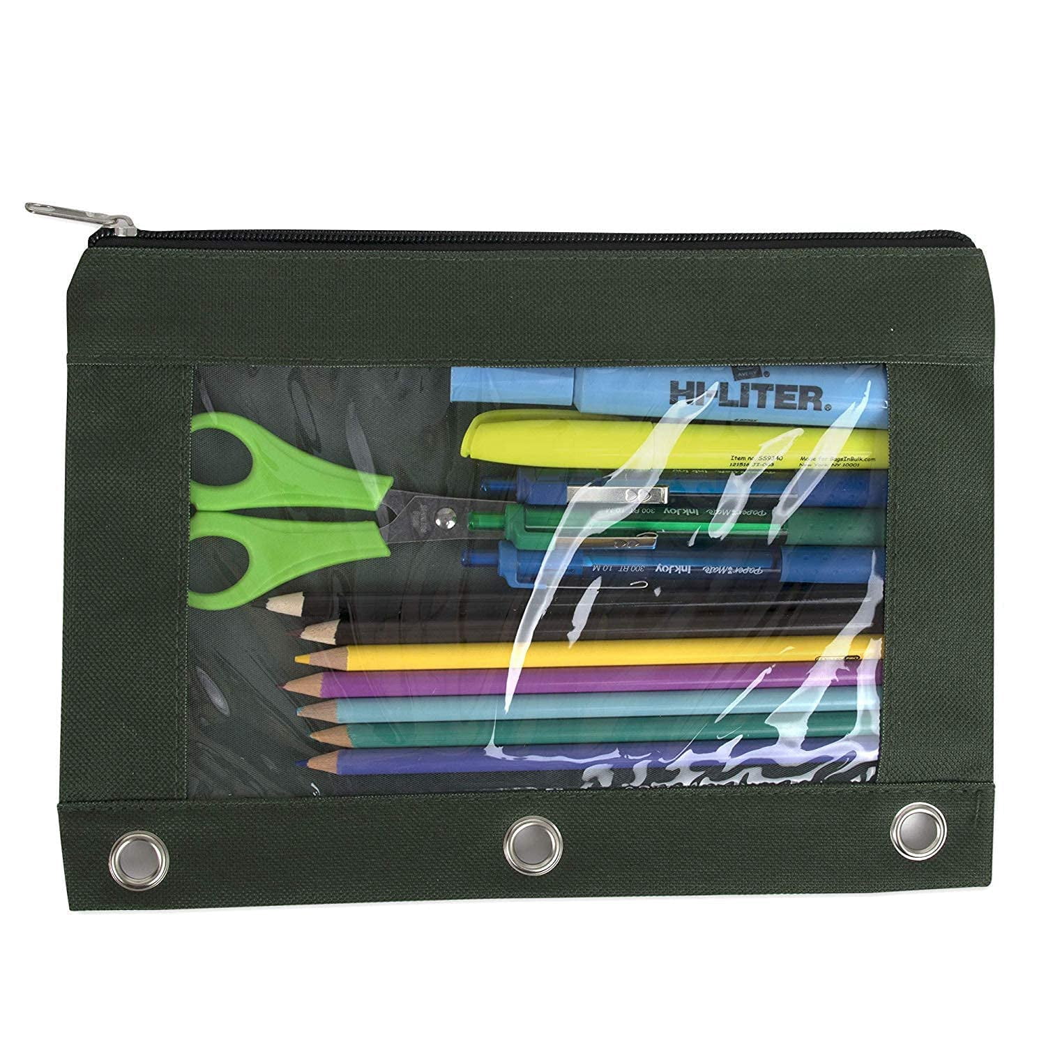 100 Pack of Bulk Wholesale 3 Ring Binder Clear Window Zippered Pencil Cases for Pens, Pencils, Markers, Scissors, Sharpeners, Erasers & More in 8 Assorted Colors