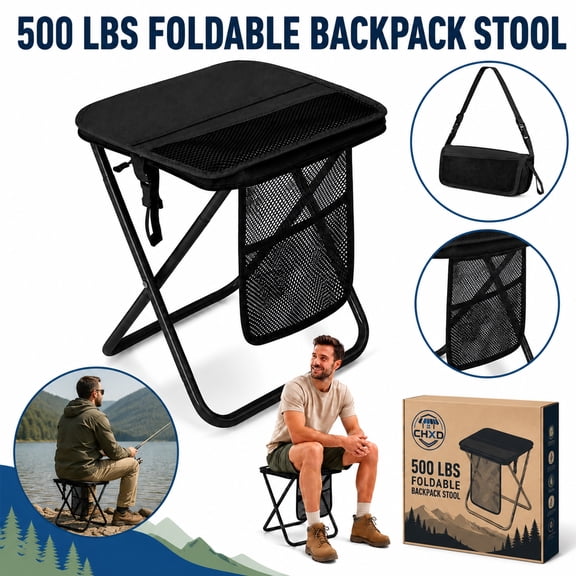 Foldable Backpack Stool 500 Lbs Backpack Stool for Adults: 16" Extra Tall Portable Collapsible Stool Lightweight Folding Camping Stool with Shoulder Strap Mesh Pocket for Fishing/Camping/Outdoor