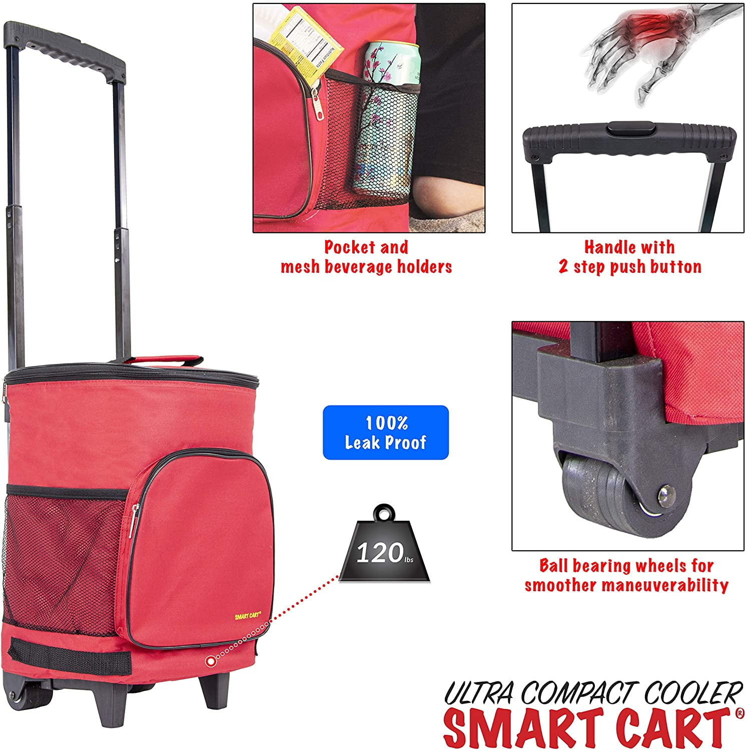 dbest products Ultra Compact Cooler Smart Cart, Red Insulated Collapsible Rolling Tailgate BBQ Beach Summer