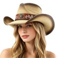 thumbnail image 3 of LILIYA Summer Cowboy Cowgirl Hat, Lightweight Western Unique Rolled Up Wide Brim Sun Hat with Chin Strap, Breathable Adjustable UV Protection Casual Headwear, 3 of 4