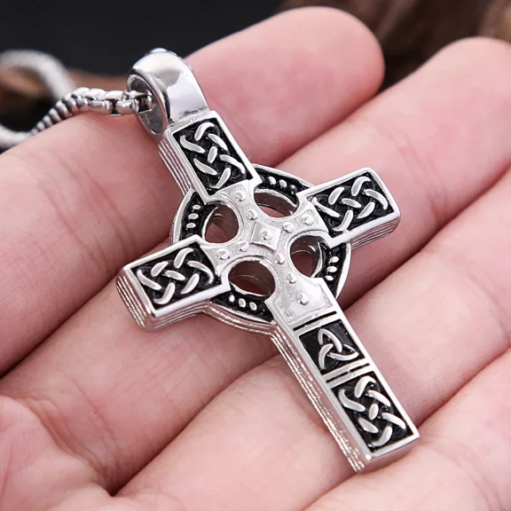Vintage 14K White Gold Cross Pendant Necklace For Men Fashion Nordic Celtic Knot Rune Pendant Amulet Jewelry