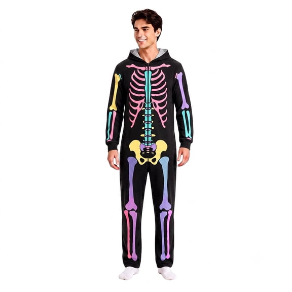 Men's Bones Print Jumpsuit Halloween Dress Up Suit Black L