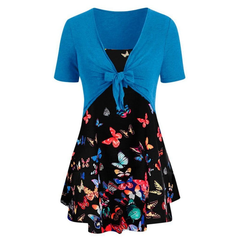 Fysho Fysho Women's Plus Size Summer Short Sleeve Bow Knot Cover Up Tops Butterfly Print Strap