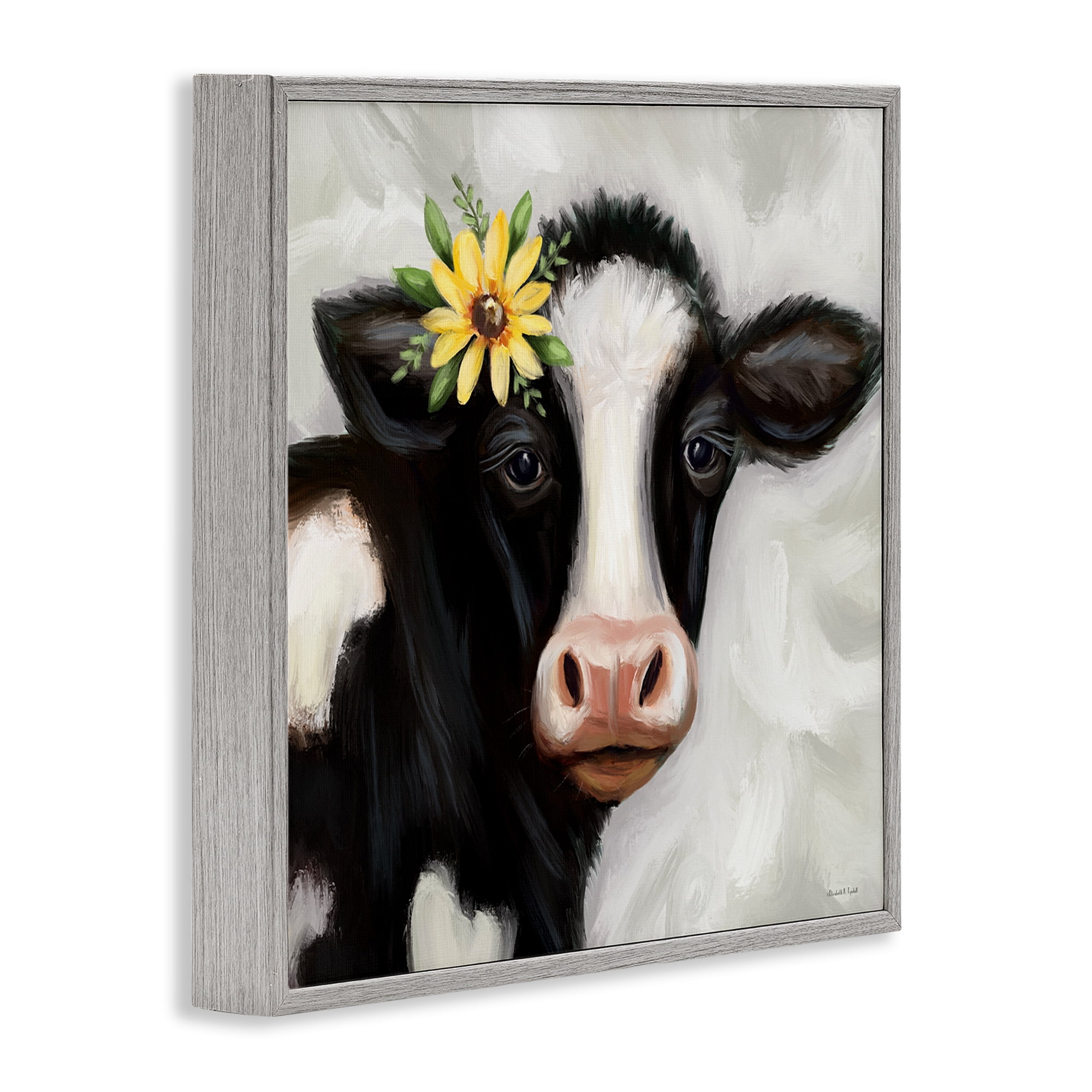 Stupell Industries Cow with Yellow Daisy Animals & Insects Painting Gray Framed Art Print Wall Art, 24 x 24