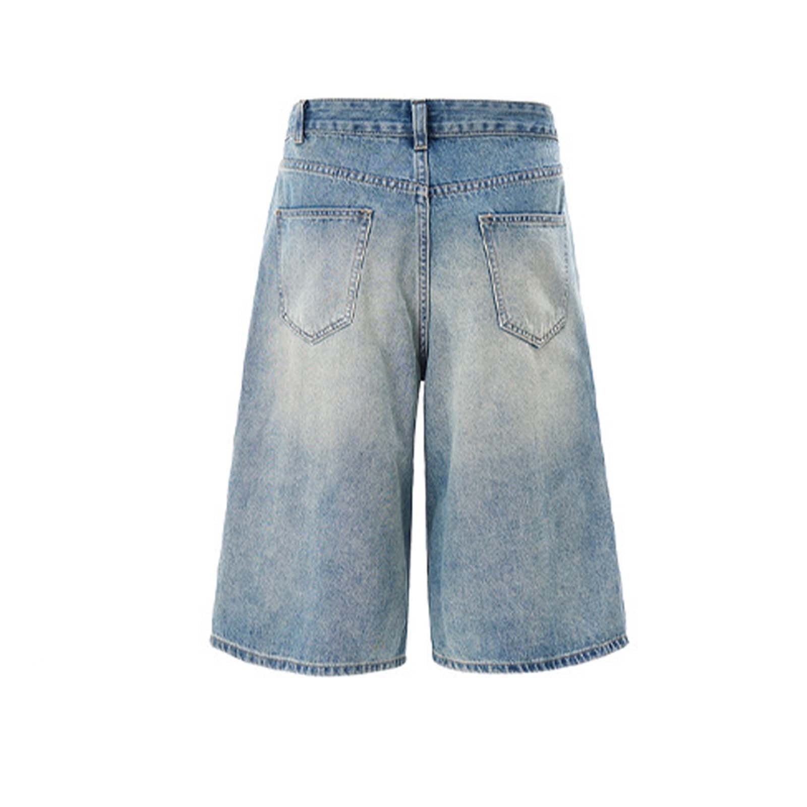 Mens Baggy Jean Shorts Loose Fit Long Denim Shorts Vintage Washed Below Knee Jorts Streetwear Hip Hop
