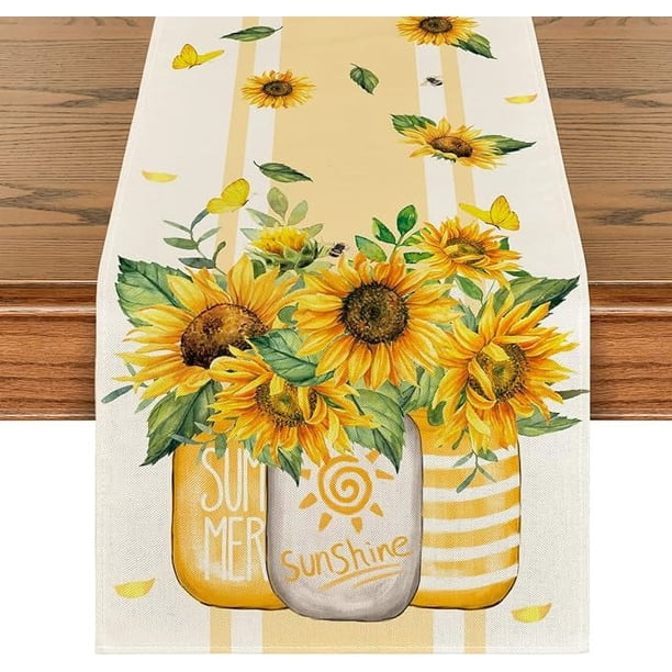 Camino de mesa de verano, jarrón de girasol amarillo brillante, diseño de rayas de granja de temporada, arpillera, decoración de mesa de comedor para cocina interior, aniversario, para fiesta en casa