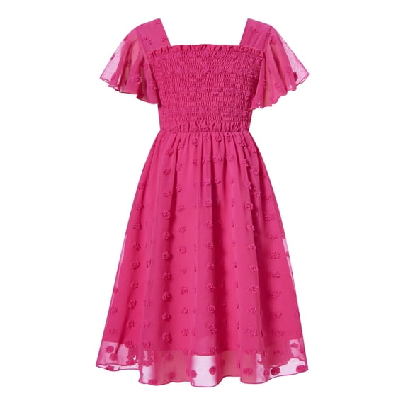 Aideaone Girls Chiffon Dress Flutter Ruffle Short Sleeve Kids Square Neck Frocks Hot Pink 6-13Y