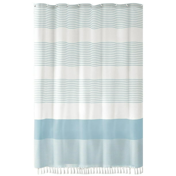 Cortina de ducha de lino sintético impermeable con ribete de borlas. Barrera antihumedad para separación de zonas húmedas y secas. Forro de ducha de tela para bañera y baño.