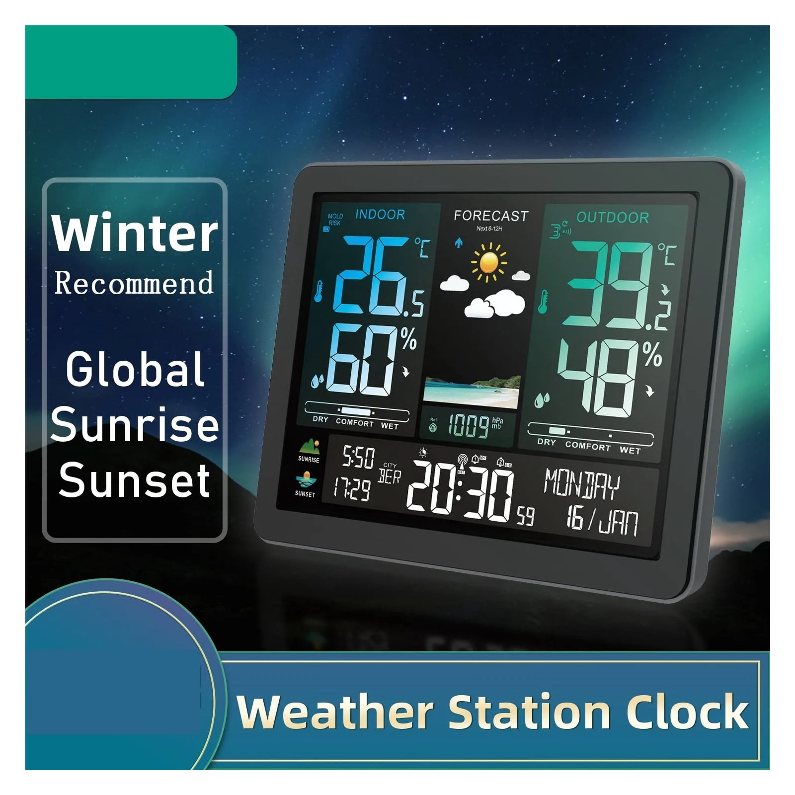 Wireless Weather Station with Barometric Pressure, Digital Moon Phase Monitor