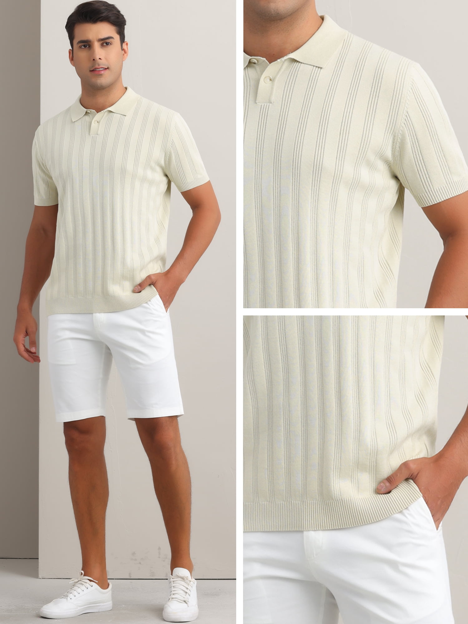DARING DIVA Men's Short Sleeve Button Regular Fit Knit Texture Polo Shirt XL Apricot