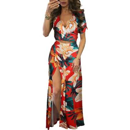 

PIKADINGNIS Womens 2 Piece Outfits Sexy V Neck Floral Print Dress Boho Cross Wrap Tie Back Beach Skirt Split Maxi Dresses for Women