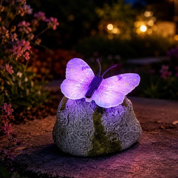 Solar Butterfly Stone Garden Light - Illuminated Garden Decor with LED Glow, Waterproof Resin Faux Stone Outdoor Figurine for Patio Yard Walkway Lawn Flower Bed Landscaping(Purple)Q