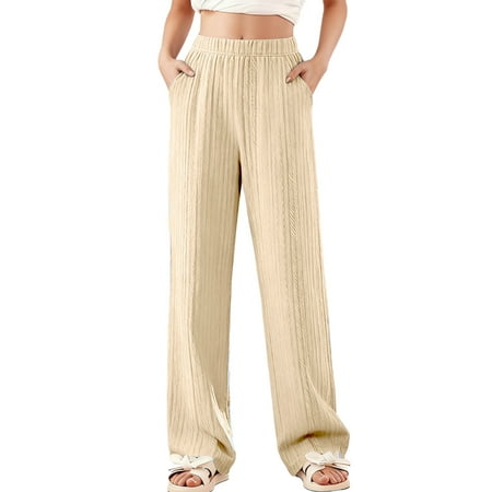 AHTJRT Kids Ribbed Wide Leg Pants High Elastic Waist Pants with Pockets Lightweight Cotton Comfy Soft Lounge Trousers Yellow 14-15 Years