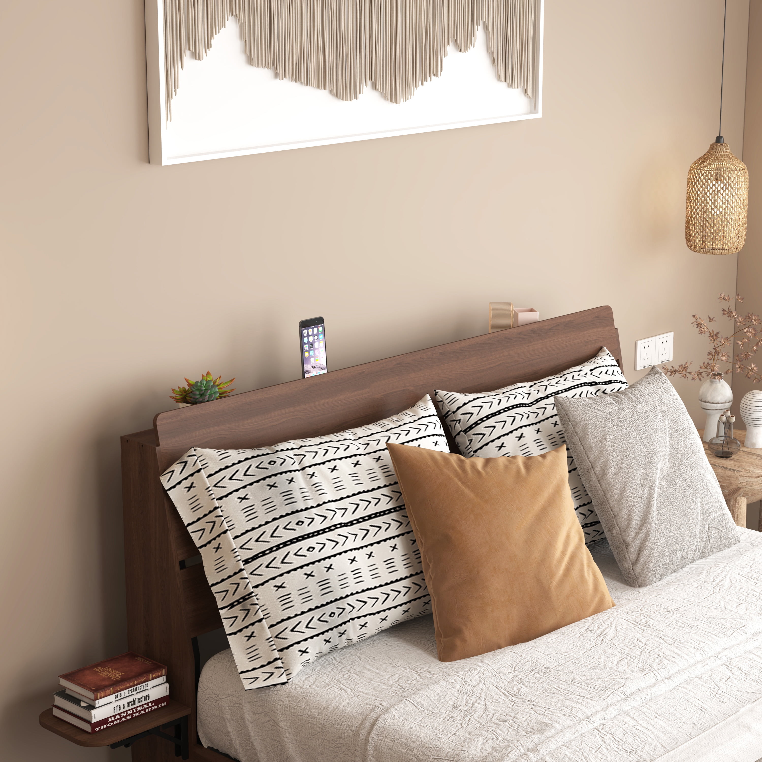 Miniyam Queen Floating Bed Frame with RGB LED Lights, Storage Headboard & USB Charging Station, Walnut